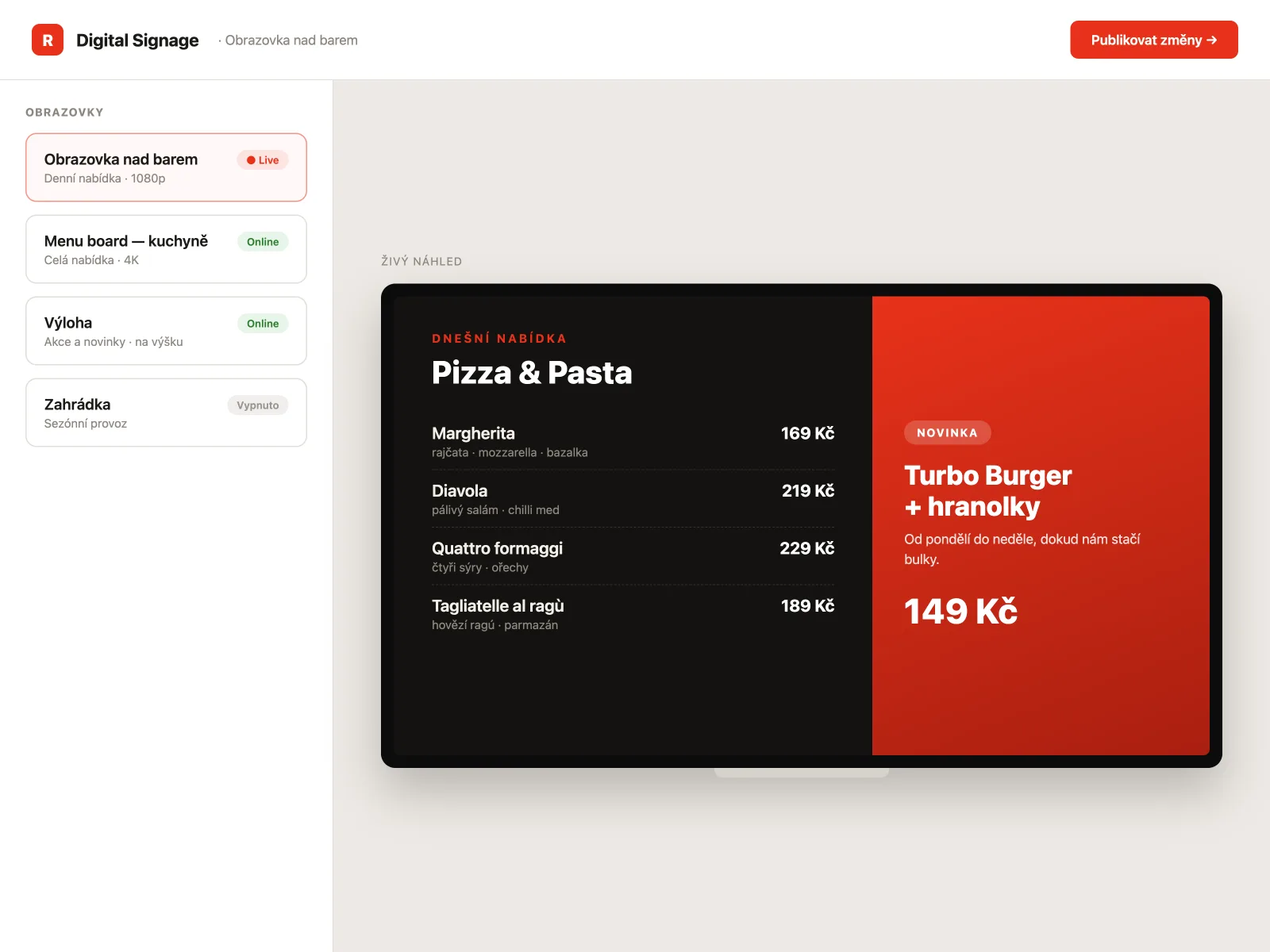 Náhled systému digital signage s digitálním menu